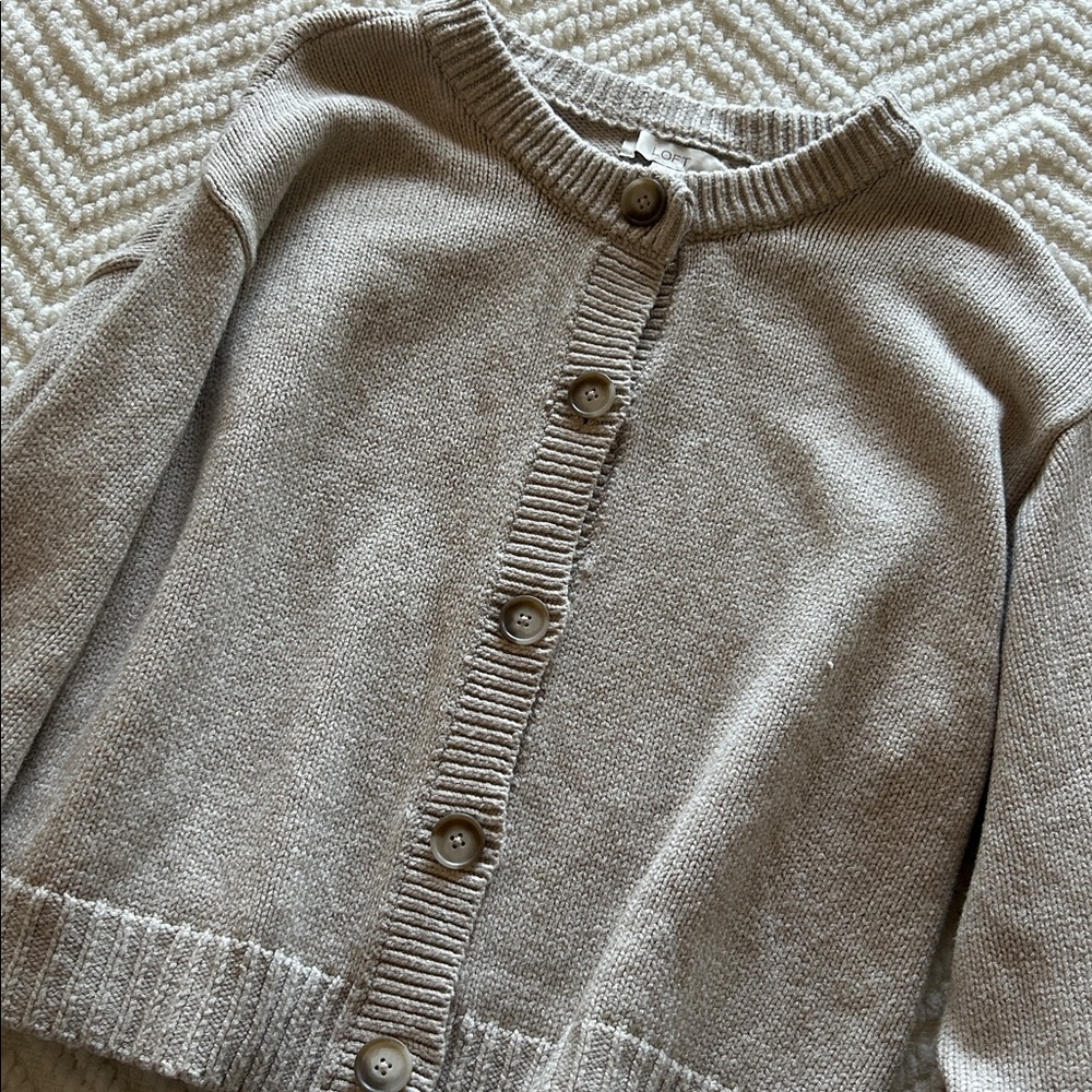 LOFT Light Gray Crewneck Button-Up Cardigan